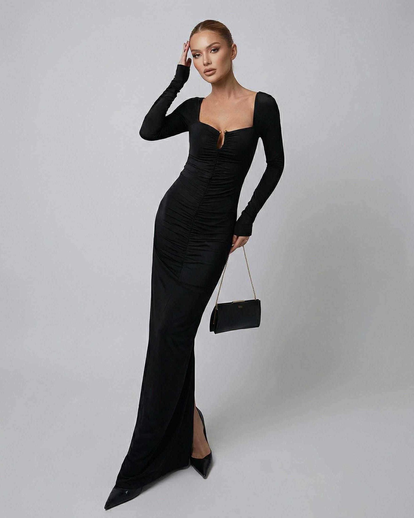 Elby Maxi Dress, black ankle-length, square neck, elegant look for sophisticated evenings, by RAMBLION.