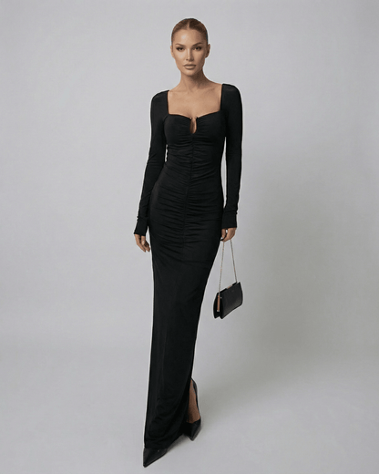Elby Maxi Dress in black, ankle-length, 100% cotton, square neck, elegant for sophisticated evenings by RAMBLION.