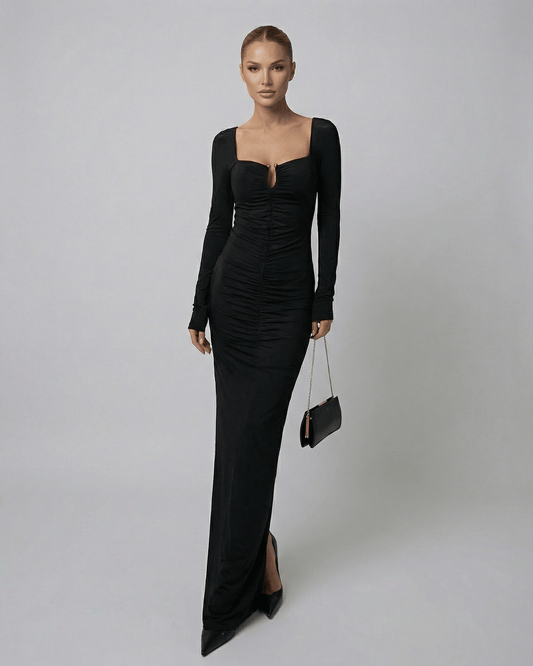Elby Maxi Dress in black, ankle-length, 100% cotton, square neck, elegant for sophisticated evenings by RAMBLION.