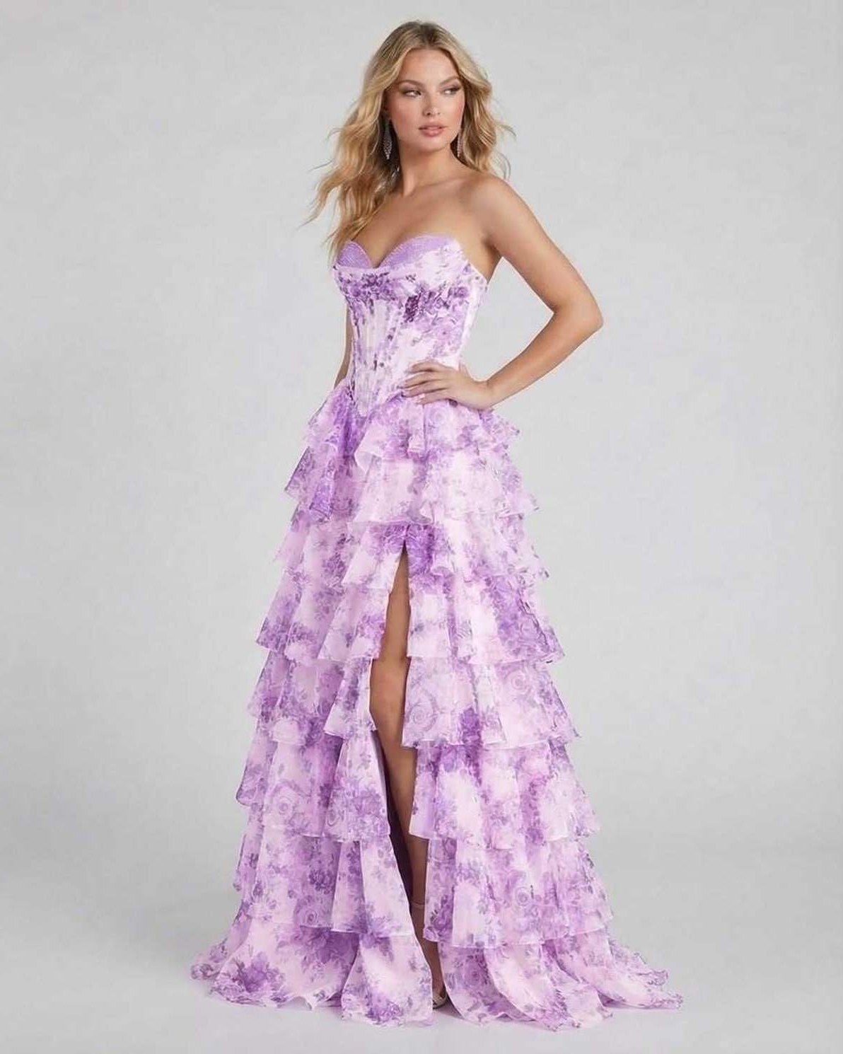 Elci Maxi Dress by RAMBLION, purple satin, strapless, ankle-length, floral details, elegant gown for special occasions.