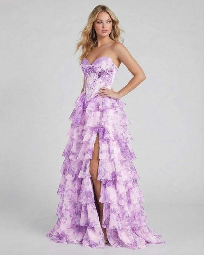 Elci Maxi Dress by RAMBLION, purple satin, strapless, ankle-length, floral details, elegant gown for special occasions.