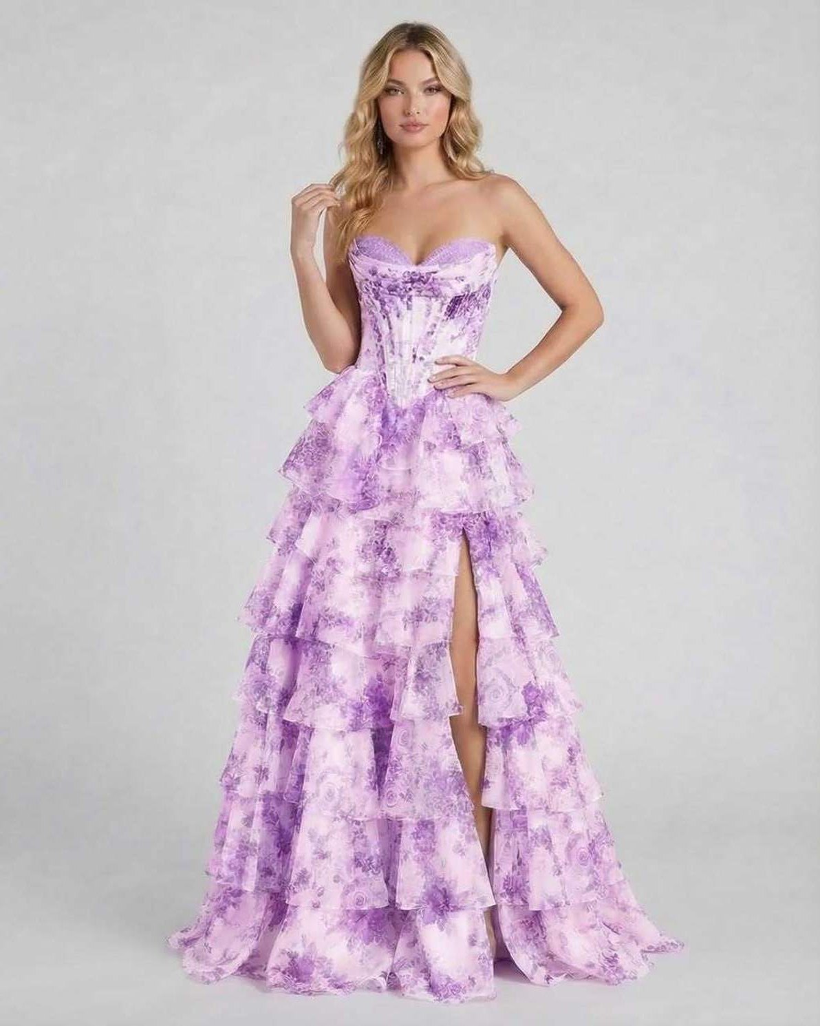 Elci Maxi Dress - Strapless, purple satin gown with ruffles, elegant for special occasions by RAMBLION.