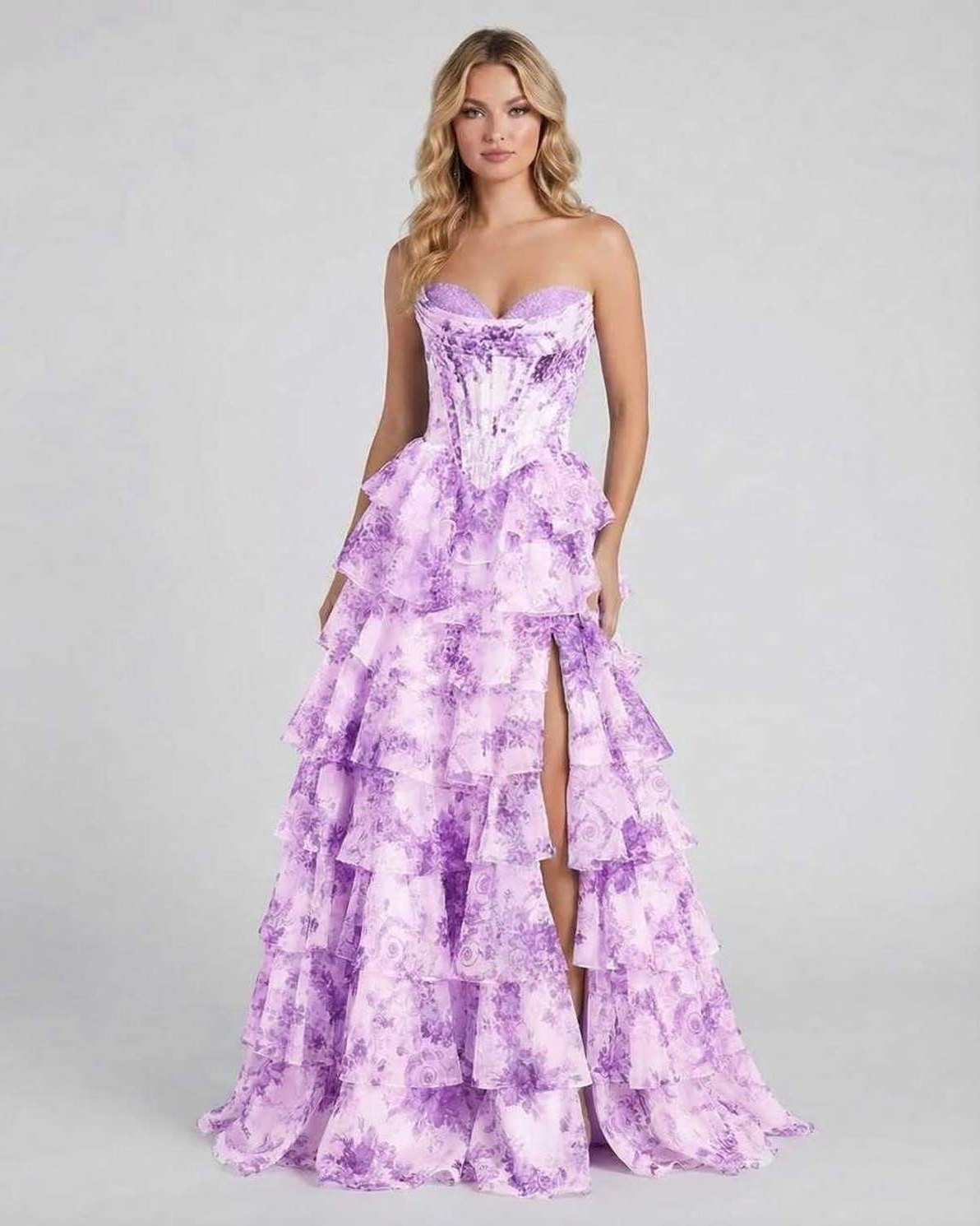 Elci Maxi Dress in purple floral satin, elegant strapless design, perfect for special occasions by RAMBLION.