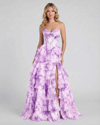 Elci Maxi Dress in purple floral satin, elegant strapless design, perfect for special occasions by RAMBLION.