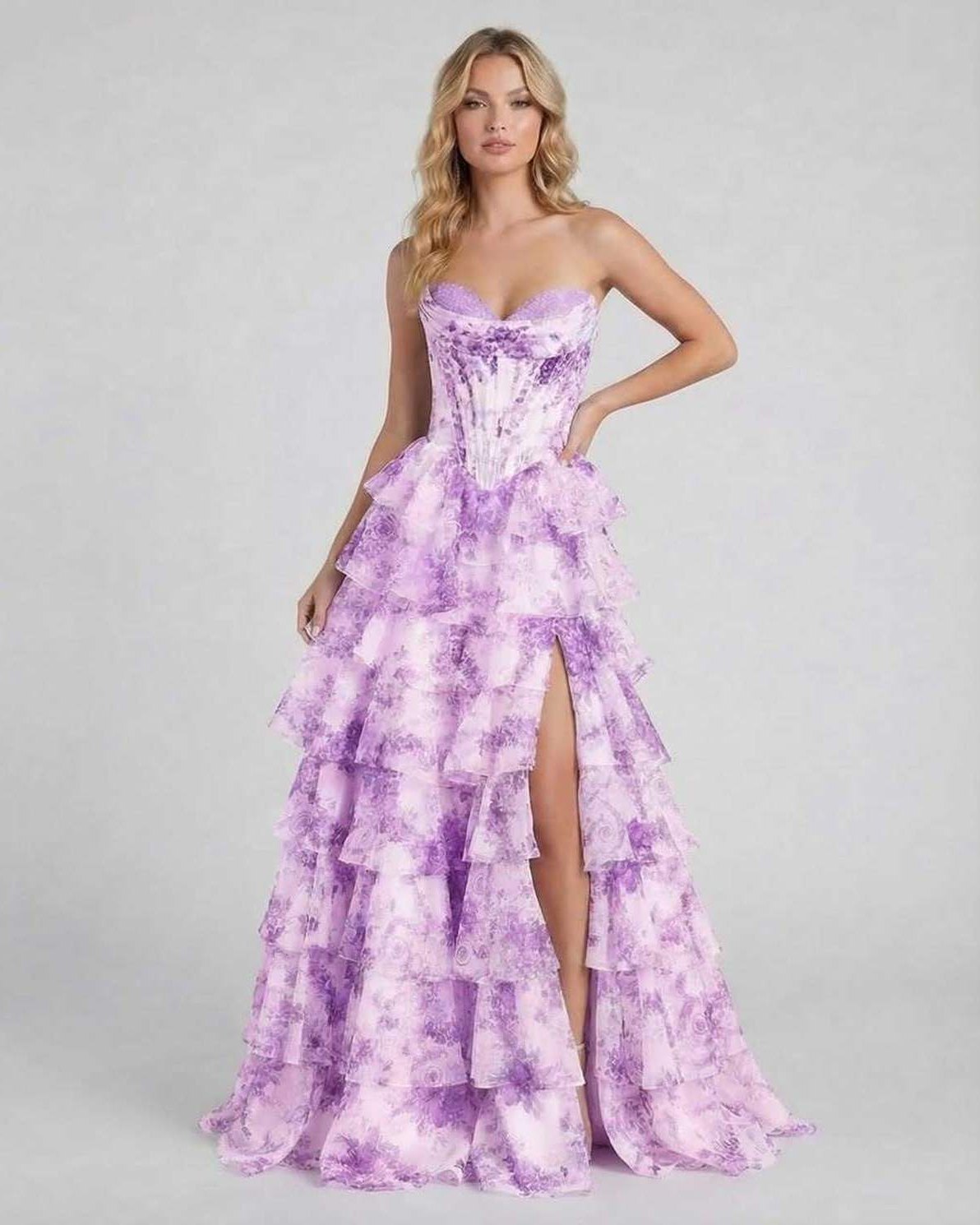 Elci Maxi Dress - Strapless floral purple gown by RAMBLION, perfect for elegant occasions and creating a romantic silhouette.