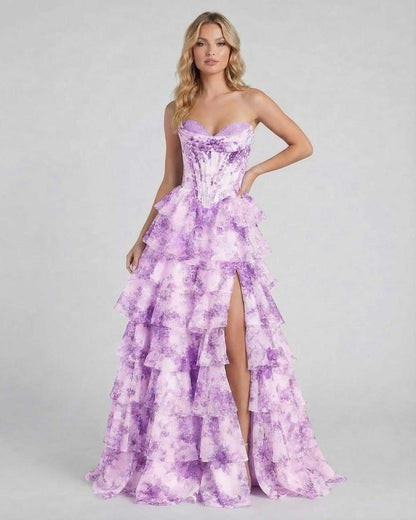 Elci Maxi Dress - Strapless floral purple gown by RAMBLION, perfect for elegant occasions and creating a romantic silhouette.