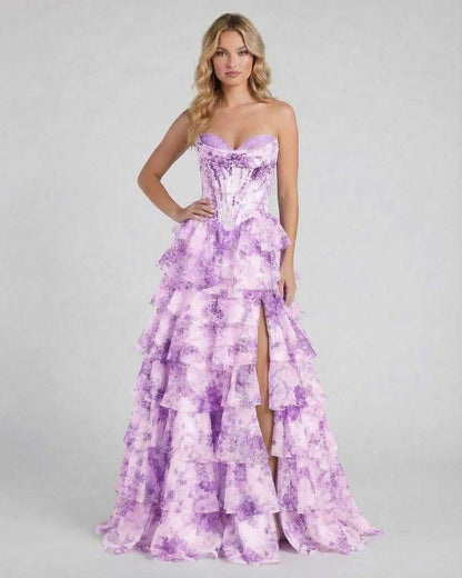 Elci Maxi Dress in purple satin, strapless with floral details, elegant for special occasions - RAMBLION.
