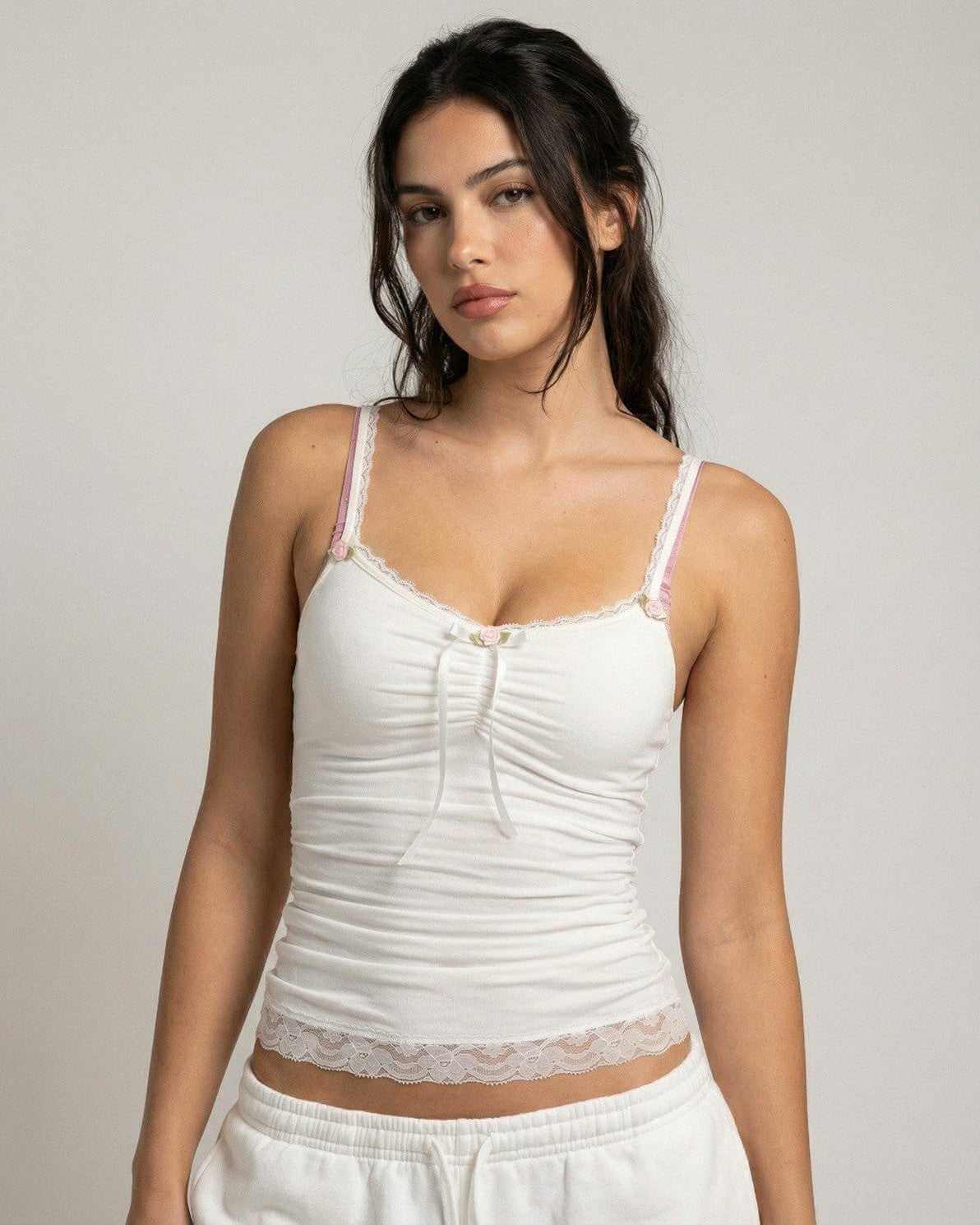Elco Top white mini dress with lace trim, soft ruched detailing, casual elegance by RAMBLION.