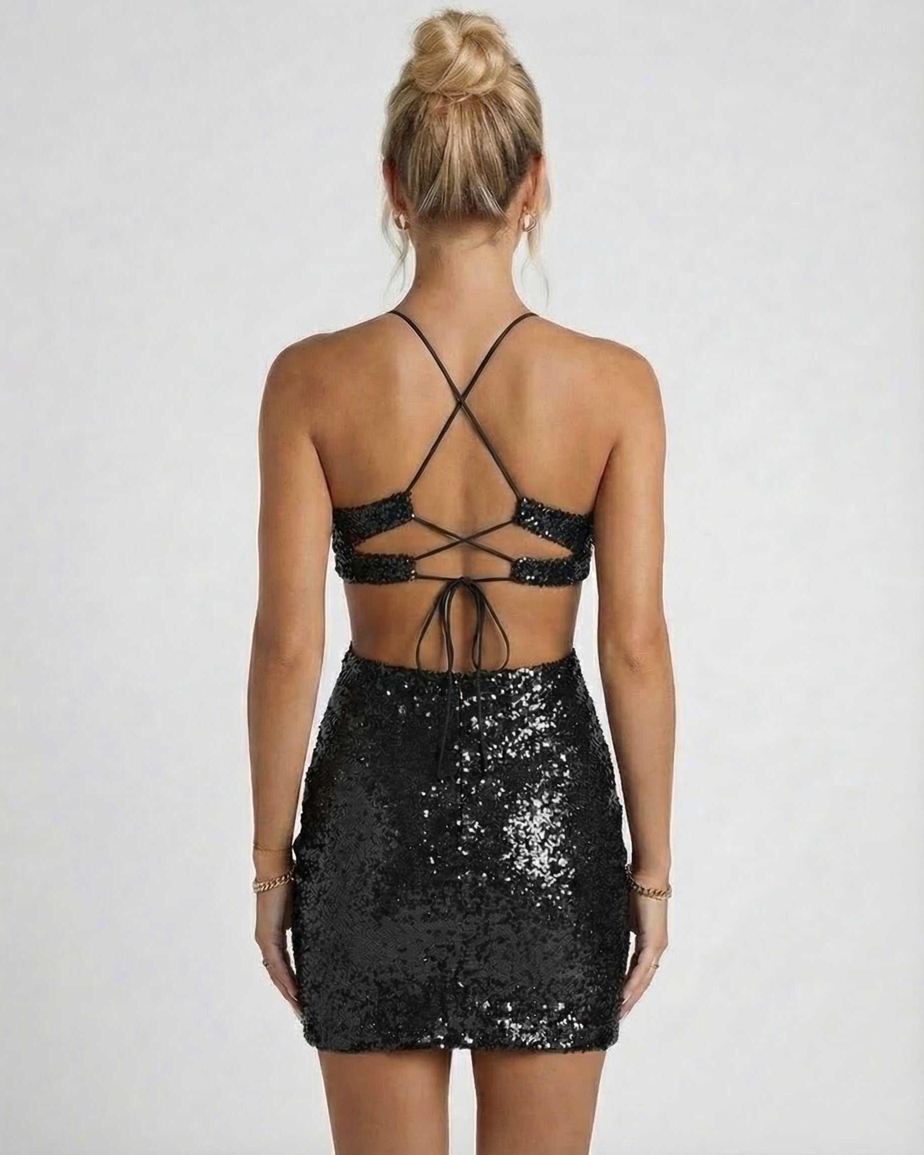 Elea Mini Dress, black sequined mini dress, backless design, modern luxury, by RAMBLION