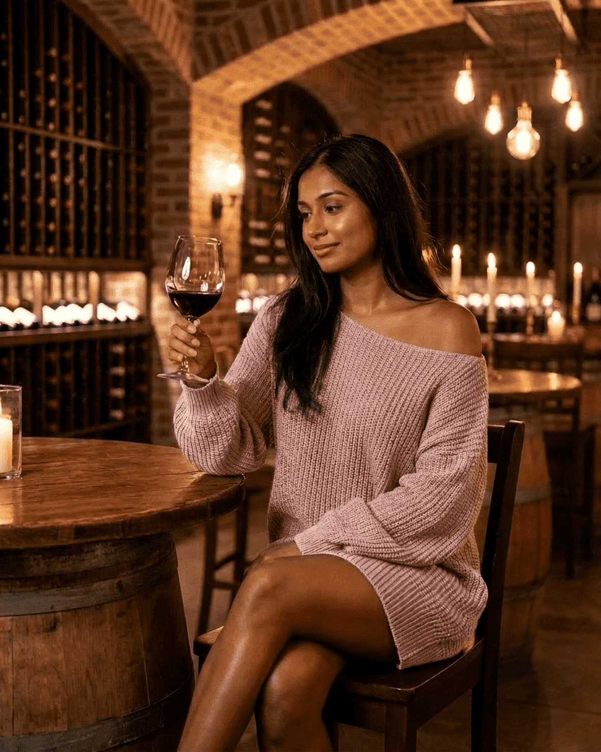 Woman enjoying a glass of red wine while wearing a cozy off-the-shoulder sweater in a rustic wine cellar.