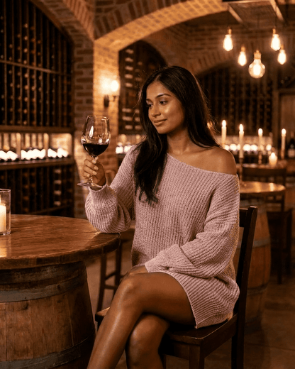 Woman enjoying a glass of red wine while wearing a cozy off-the-shoulder sweater in a rustic wine cellar.