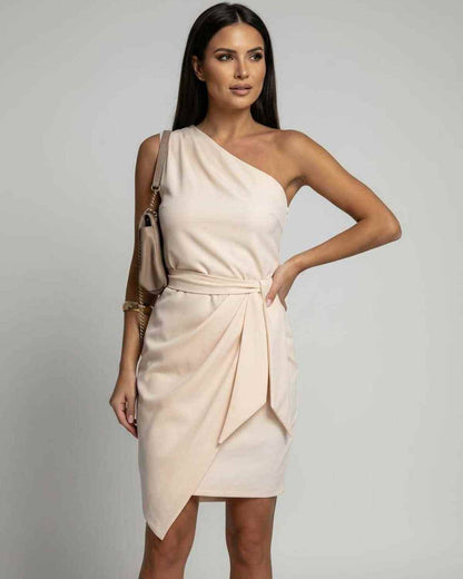 Ramblion Eli midi dress — slash neckline · fabric close-up · styled for cocktail season