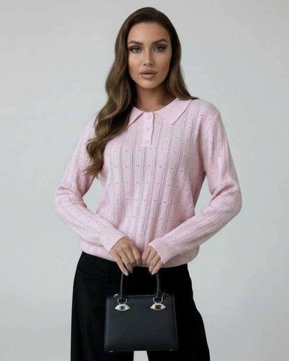 Elif Sweater in pink, featuring a collared design, ideal for casual or office wear by RAMBLION.