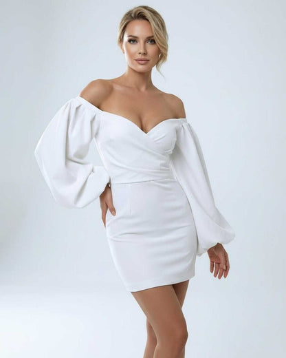 Elma Mini Dress by RAMBLION - Elegant white mini dress with off-shoulder neckline and dramatic puffed sleeves.