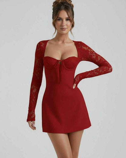 Eloa Mini Dress in red satin with lace sleeves, structured bust, perfect for special occasions, by RAMBLION.
