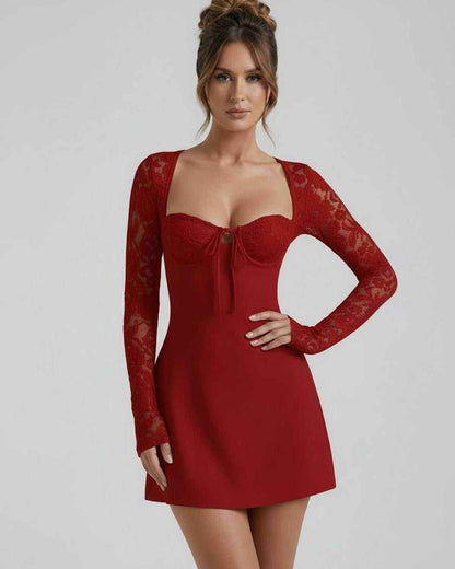 Eloa Mini Dress in vibrant red, featuring lace sleeves, square neck, perfect for stylish occasions, by RAMBLION.