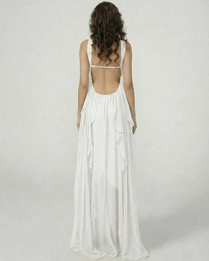 Elegant back view of the Elva Maxi Dress by RAMBLION, featuring ruffled skirt, strapless design, perfect for special occasions.