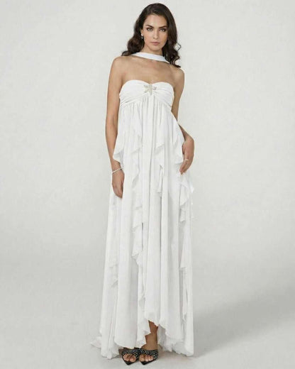 Elva Maxi Dress by RAMBLION, a romantic white ankle-length, strapless gown with ruffled skirt, perfect for special occasions.