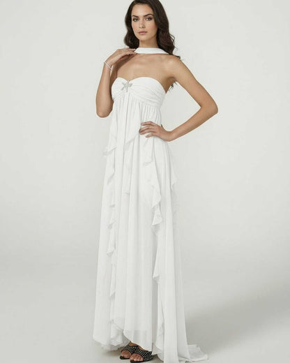 Elva Maxi Dress - White ankle-length, strapless, ruffled gown by RAMBLION, perfect for romantic occasions.