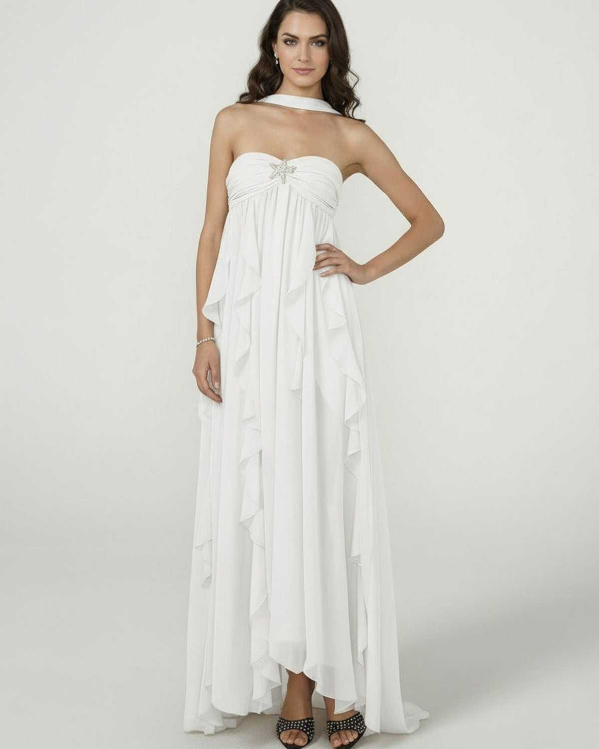 Elva Maxi Dress by RAMBLION, strapless white cotton gown with ruffled skirt, perfect for romantic occasions.