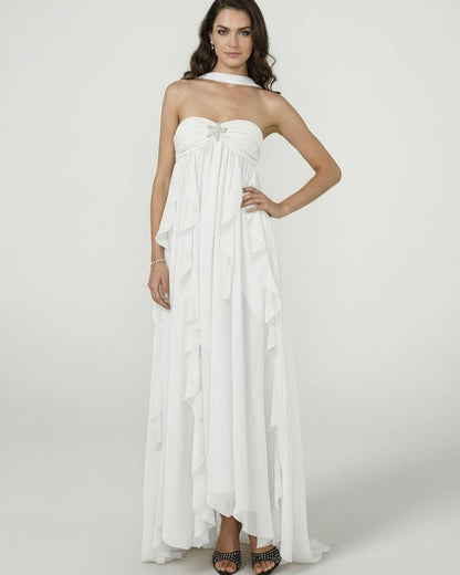 Elva Maxi Dress by RAMBLION, strapless white cotton gown with ruffled skirt, perfect for romantic occasions.