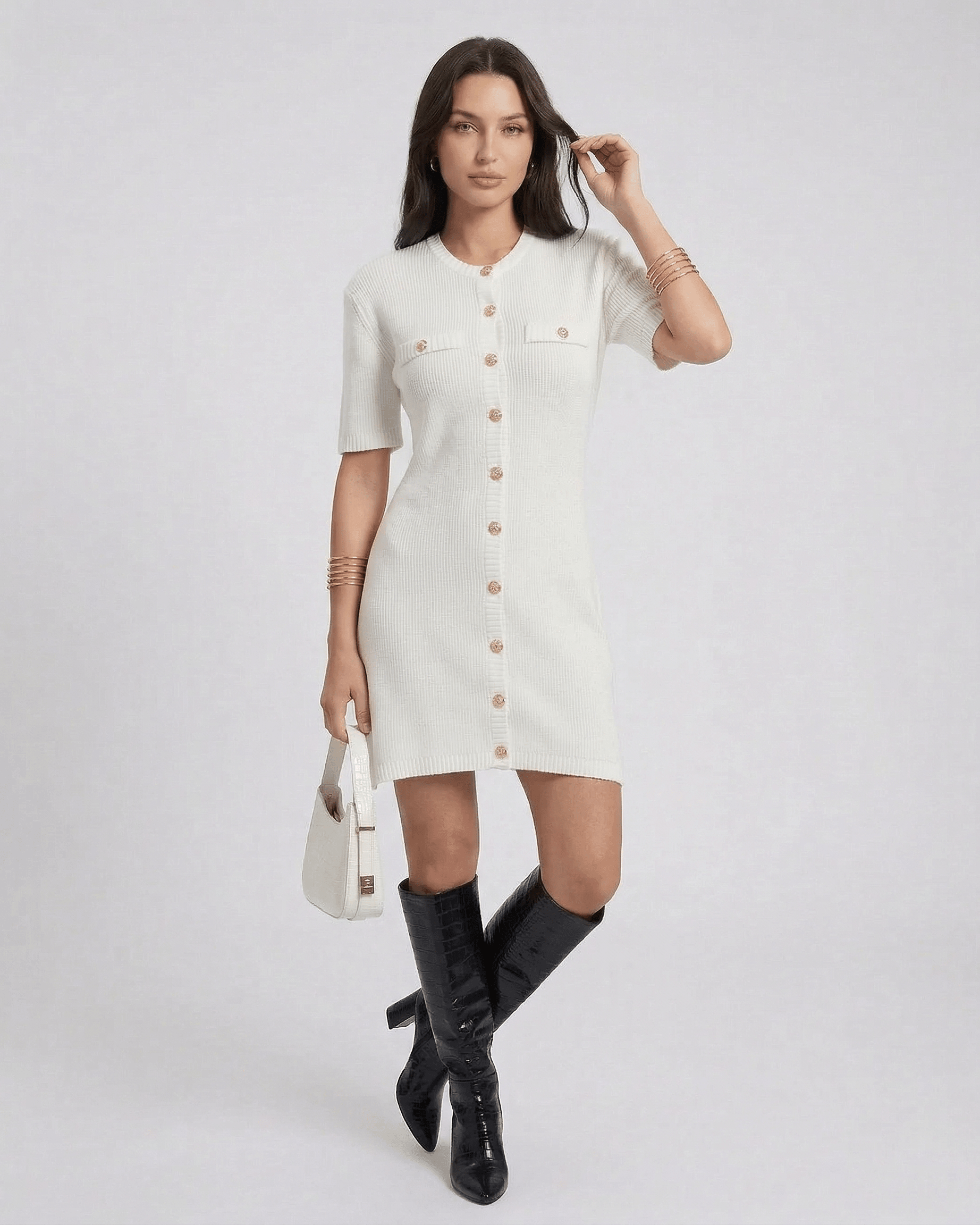 Elysia Mini Dress by RAMBLION, chic short white dress with buttons, perfect for casual outings and stylish occasions.
