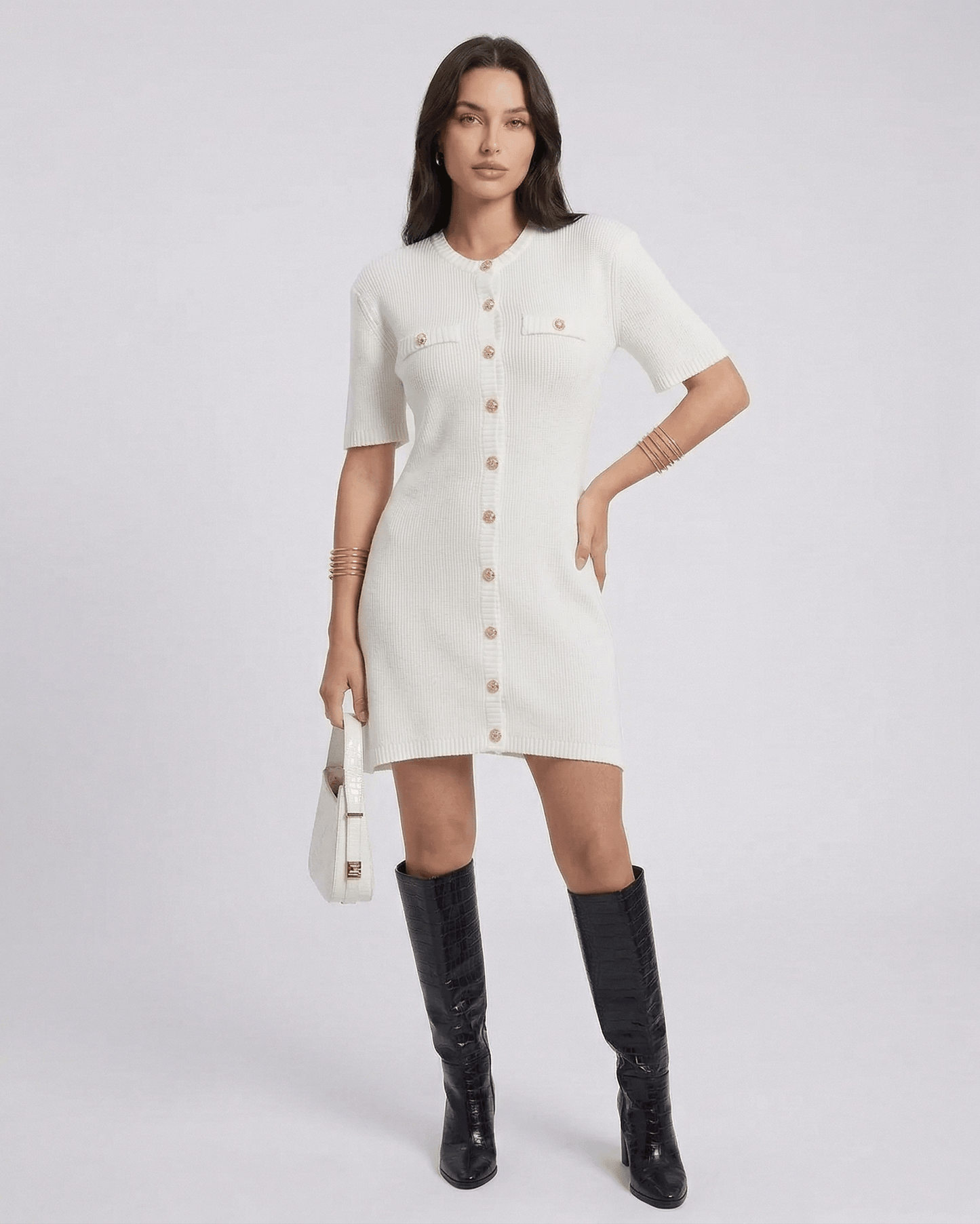 Elysia Mini Dress by RAMBLION, chic white color, button closure, comfortable fit, perfect for casual occasions.