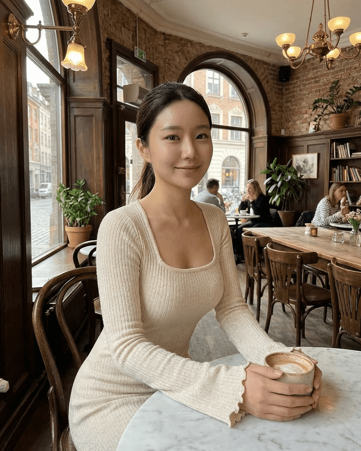 Ema Maxi Dress in beige worn by a woman in a cafe, showcasing structured square neckline and sophisticated style.