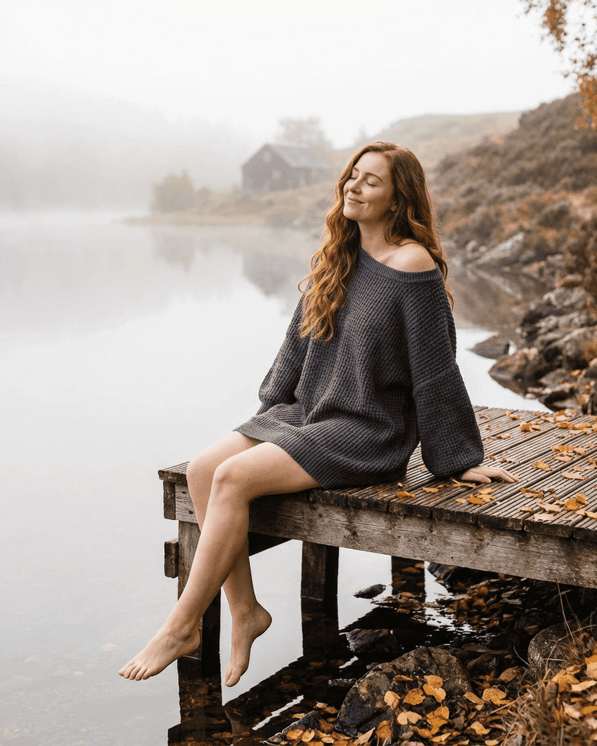 Model wearing Ember Mini Dress, a ribbed knit off-the-shoulder dress, sitting on a dock by the water.