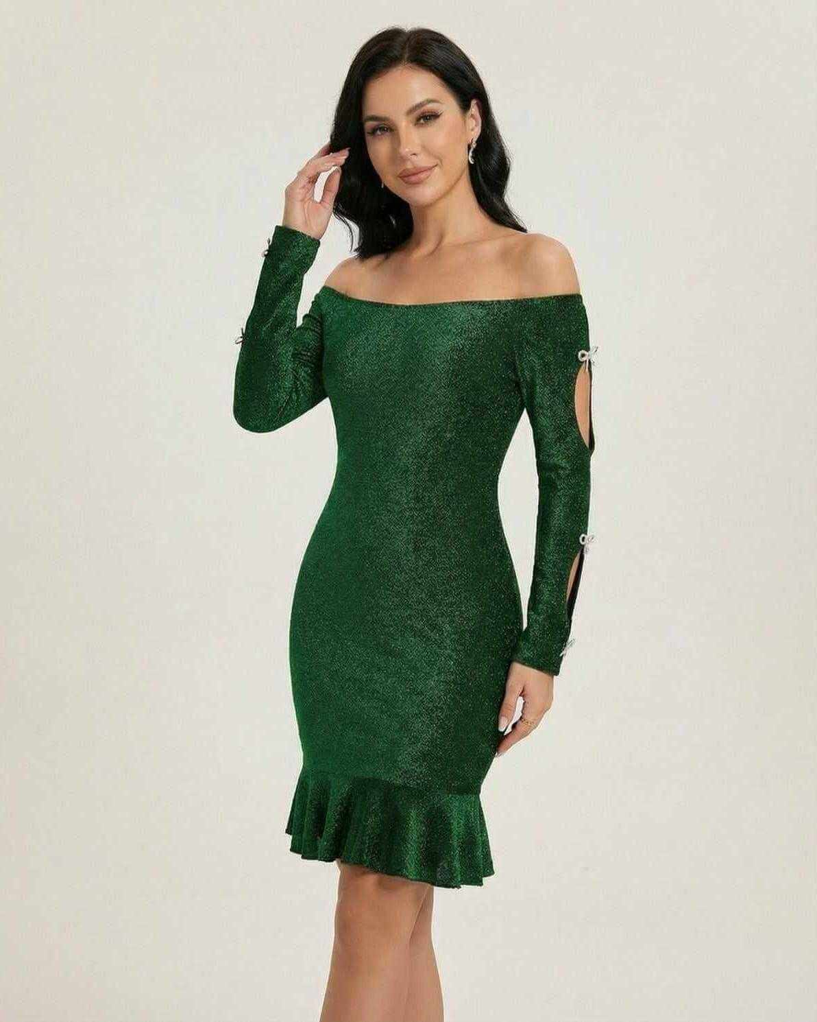 Embossed Mini Dress in green, off-the-shoulder with bow cutouts, Ramblion brand, perfect for formal occasions.
