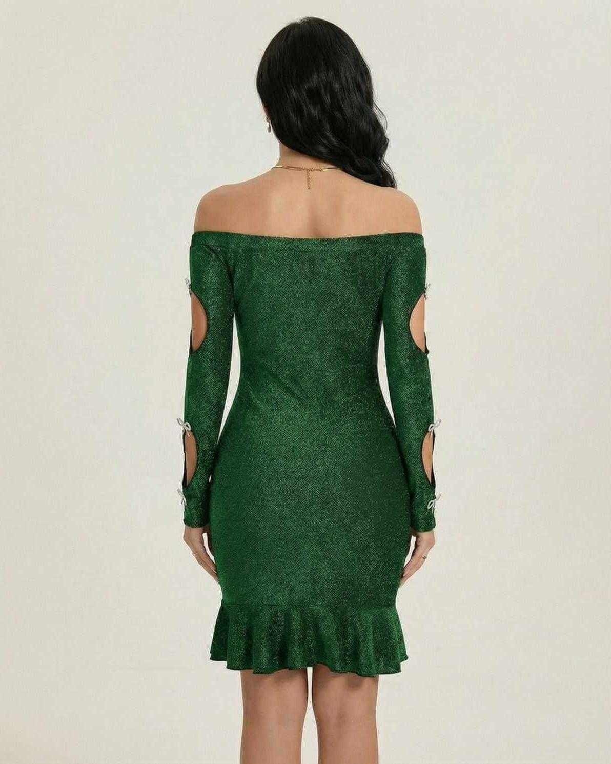 Embossed Mini Dress by RAMBLION, green cotton blend, off-the-shoulder with bow cutout sleeves, ideal for formal occasions.