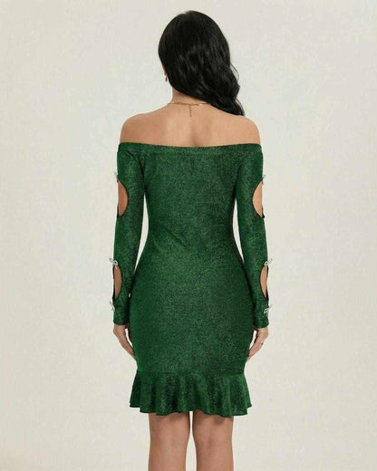 Embossed Mini Dress by RAMBLION, green cotton blend, off-the-shoulder with bow cutout sleeves, ideal for formal occasions.