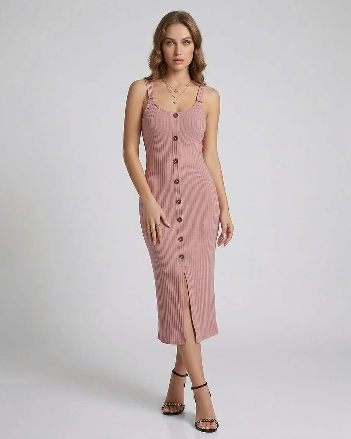 Blush Bodycon Round Neck Sleeveless Midi Dress | Prom, Cocktail Parties, Wedding Guest & Casual Outings, front view | Ramblio | SKU: SMD-482761905-blush-L-1959,SMD-482761905-blush-M-6852,SMD-482761905-blush-S-2852,SMD-482761905-blush-XL-7429,SMD-482761905-blush-XS-1848