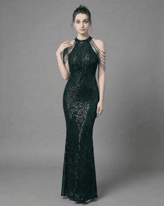 Emerald Maxi Dress by RAMBLION in rich green velvet with sequin details and halter neckline, showcasing sophisticated mermaid silhouette.