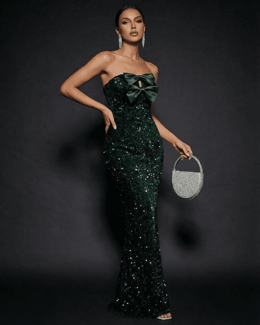 Emerald Maxi Dress - Strapless Bow Sequin Maxi Party Dress by RAMBLION, showcasing elegance and glamour.