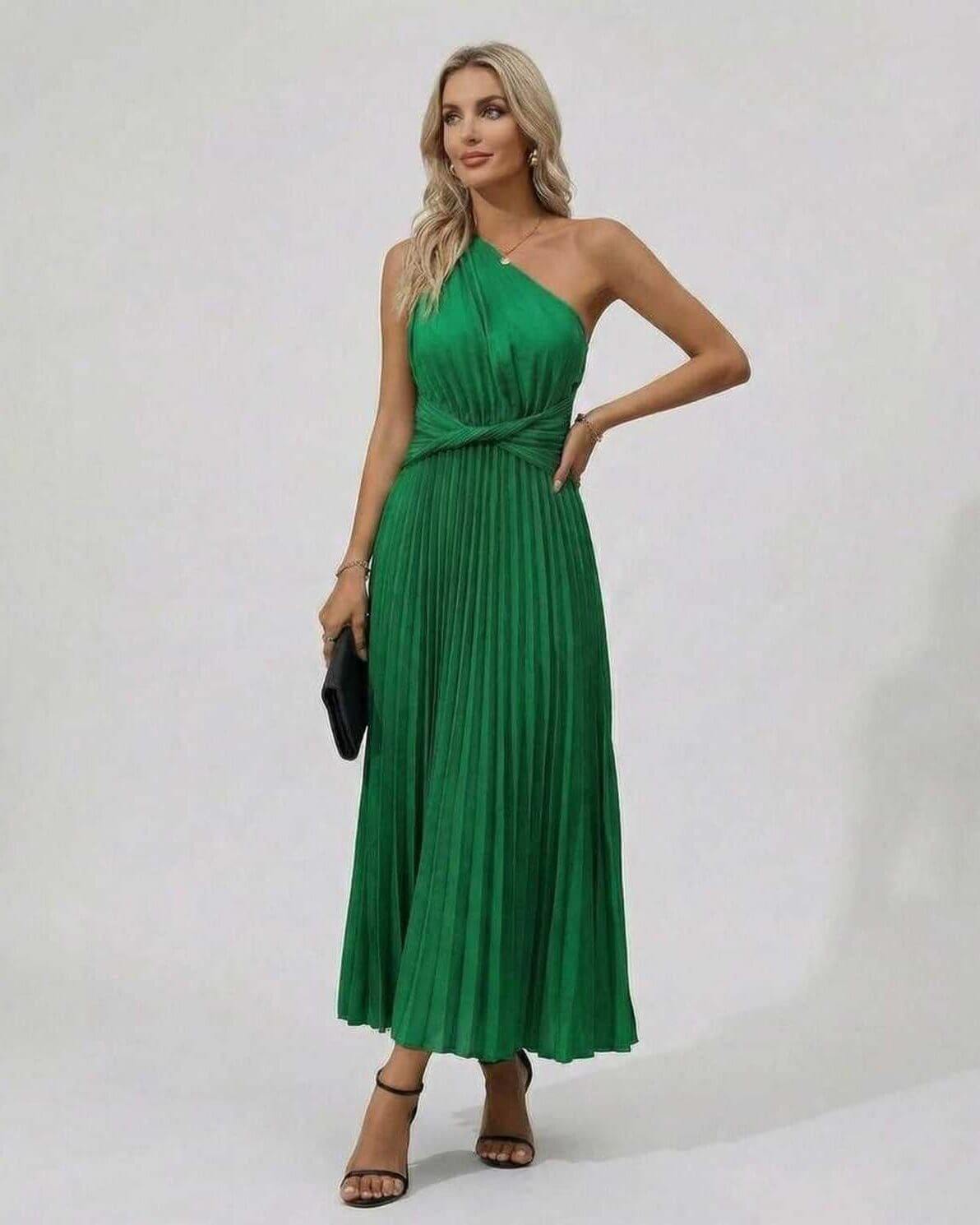 Emerald Midi Dress featuring a one-shoulder twist front and pleated hem in green, designed by RAMBLION.