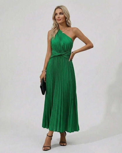 Emerald Midi Dress featuring a one-shoulder twist front and pleated hem in green, designed by RAMBLION.