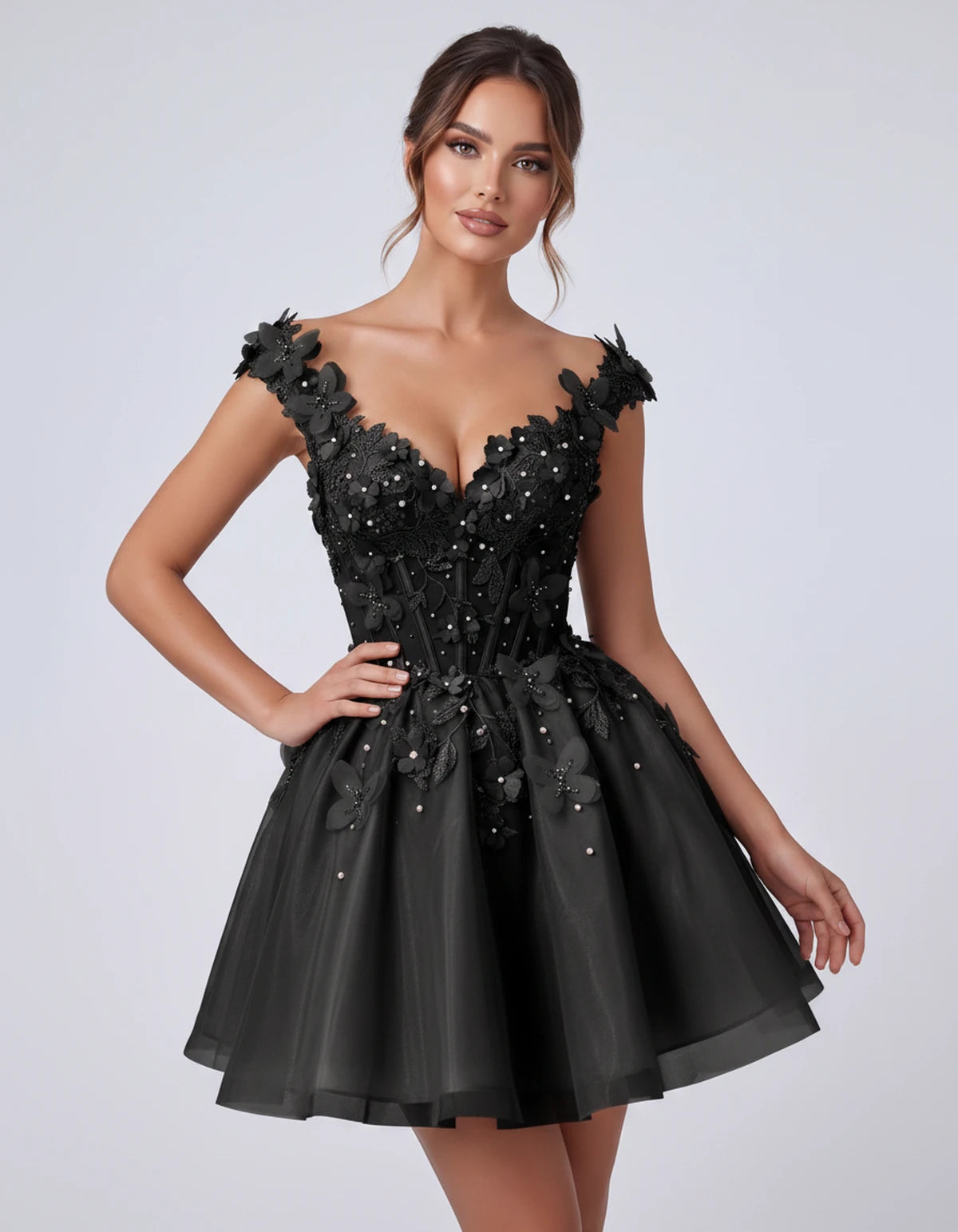 Emeraude Mini Dress — Black | SKU: RB-d76444-black-2,RB-d76444-black-4,RB-d76444-black-6,RB-d76444-black-8,RB-d76444-black-10,RB-d76444-black-12,RB-d76444-black-14,RB-d76444-black-14W,RB-d76444-black-16,RB-d76444-black-16W,RB-d76444-black-18W,RB-d76444-black-20W