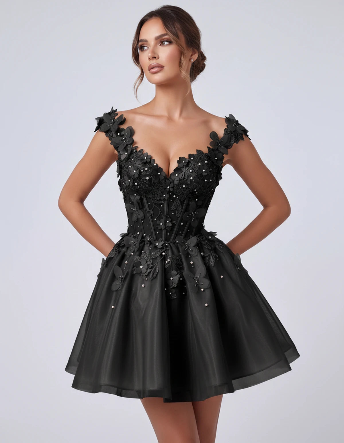 Emeraude Mini Dress — Black | SKU: RB-d76444-black-2,RB-d76444-black-4,RB-d76444-black-6,RB-d76444-black-8,RB-d76444-black-10,RB-d76444-black-12,RB-d76444-black-14,RB-d76444-black-14W,RB-d76444-black-16,RB-d76444-black-16W,RB-d76444-black-18W,RB-d76444-black-20W