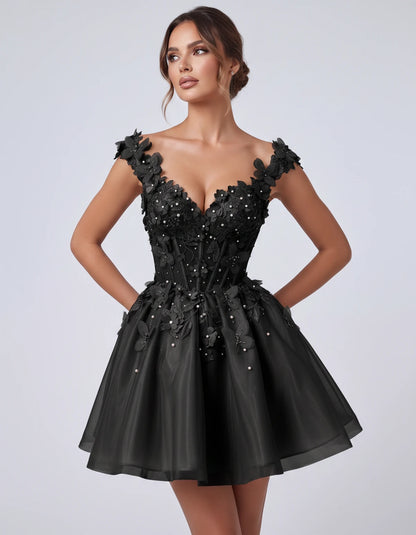 Emeraude Mini Dress — Black | SKU: RB-d76444-black-2,RB-d76444-black-4,RB-d76444-black-6,RB-d76444-black-8,RB-d76444-black-10,RB-d76444-black-12,RB-d76444-black-14,RB-d76444-black-14W,RB-d76444-black-16,RB-d76444-black-16W,RB-d76444-black-18W,RB-d76444-black-20W