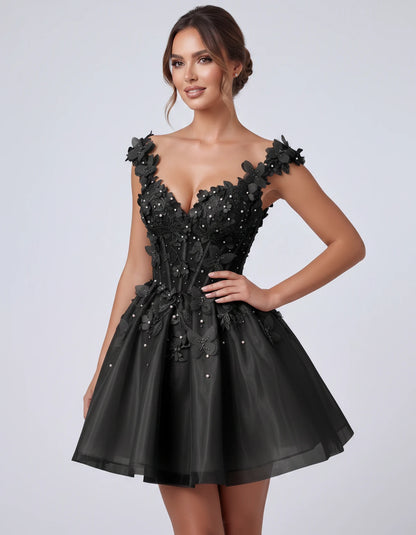 Emeraude Mini Dress — Black | SKU: RB-d76444-black-2,RB-d76444-black-4,RB-d76444-black-6,RB-d76444-black-8,RB-d76444-black-10,RB-d76444-black-12,RB-d76444-black-14,RB-d76444-black-14W,RB-d76444-black-16,RB-d76444-black-16W,RB-d76444-black-18W,RB-d76444-black-20W