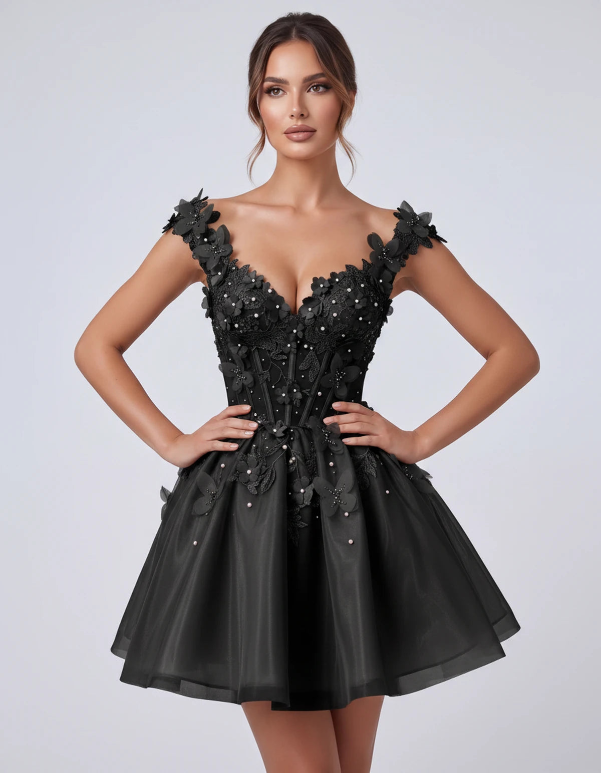 Emeraude Mini Dress — Black | SKU: RB-d76444-black-2,RB-d76444-black-4,RB-d76444-black-6,RB-d76444-black-8,RB-d76444-black-10,RB-d76444-black-12,RB-d76444-black-14,RB-d76444-black-14W,RB-d76444-black-16,RB-d76444-black-16W,RB-d76444-black-18W,RB-d76444-black-20W