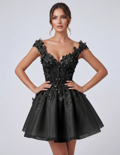 Emeraude Mini Dress — Black | SKU: RB-d76444-black-2,RB-d76444-black-4,RB-d76444-black-6,RB-d76444-black-8,RB-d76444-black-10,RB-d76444-black-12,RB-d76444-black-14,RB-d76444-black-14W,RB-d76444-black-16,RB-d76444-black-16W,RB-d76444-black-18W,RB-d76444-black-20W