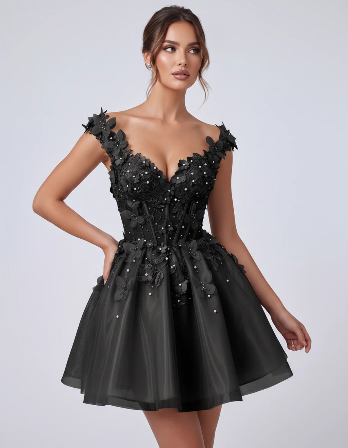 Emeraude Mini Dress — Black | SKU: RB-d76444-black-2,RB-d76444-black-4,RB-d76444-black-6,RB-d76444-black-8,RB-d76444-black-10,RB-d76444-black-12,RB-d76444-black-14,RB-d76444-black-14W,RB-d76444-black-16,RB-d76444-black-16W,RB-d76444-black-18W,RB-d76444-black-20W