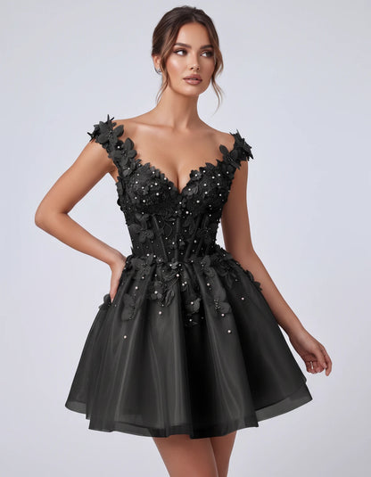 Emeraude Mini Dress — Black | SKU: RB-d76444-black-2,RB-d76444-black-4,RB-d76444-black-6,RB-d76444-black-8,RB-d76444-black-10,RB-d76444-black-12,RB-d76444-black-14,RB-d76444-black-14W,RB-d76444-black-16,RB-d76444-black-16W,RB-d76444-black-18W,RB-d76444-black-20W