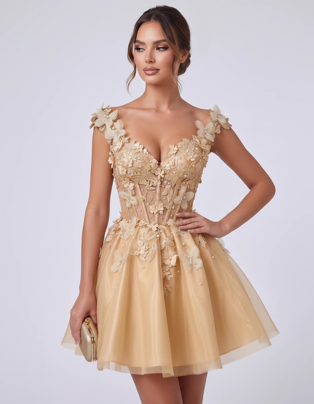 Emeraude Mini Dress — Champagne | SKU: RB-d76444-champa2e-2,RB-d76444-champa2e-4,RB-d76444-champa2e-6,RB-d76444-champa2e-8,RB-d76444-champa2e-10,RB-d76444-champa2e-12,RB-d76444-champa2e-14,RB-d76444-champa2e-14W,RB-d76444-champa2e-16,RB-d76444-champa2e-16W,RB-d76444-champa2e-18W,RB-d76444-champa2e-20W
