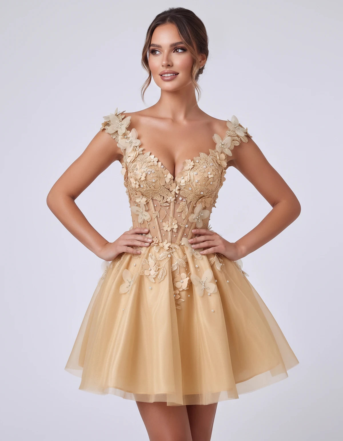 Emeraude Mini Dress — Champagne | SKU: RB-d76444-champa2e-2,RB-d76444-champa2e-4,RB-d76444-champa2e-6,RB-d76444-champa2e-8,RB-d76444-champa2e-10,RB-d76444-champa2e-12,RB-d76444-champa2e-14,RB-d76444-champa2e-14W,RB-d76444-champa2e-16,RB-d76444-champa2e-16W,RB-d76444-champa2e-18W,RB-d76444-champa2e-20W