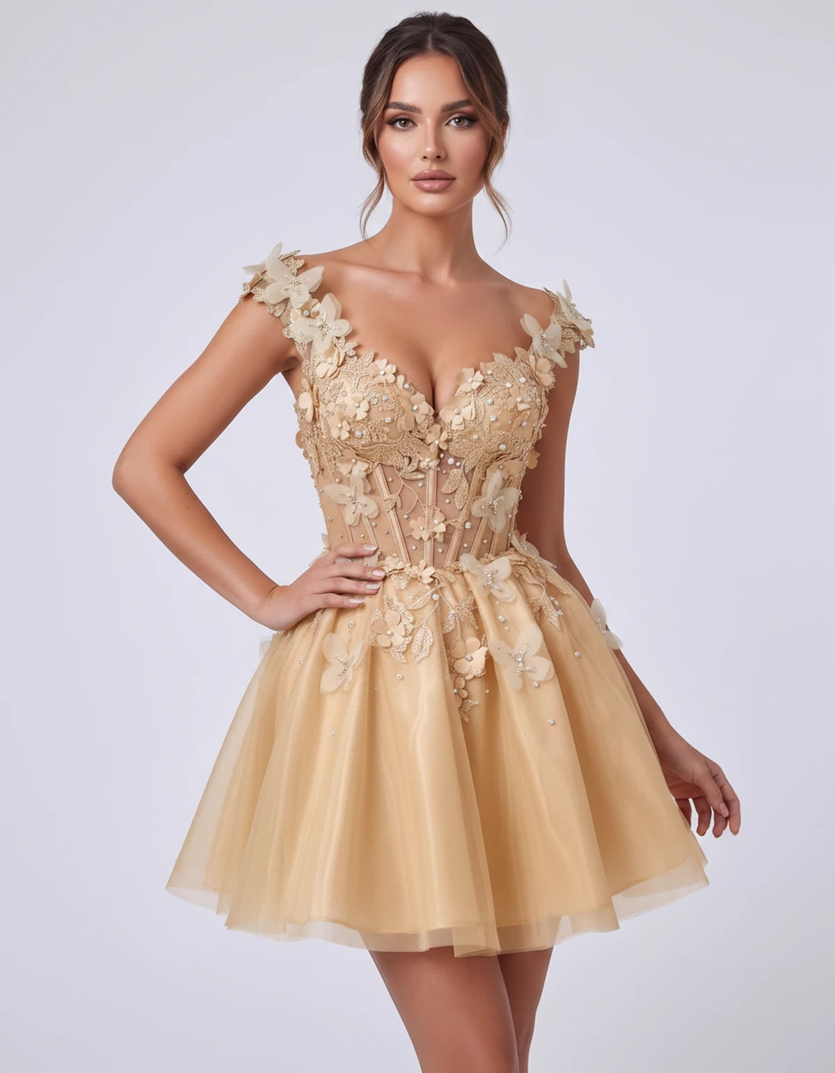 Emeraude Mini Dress — Champagne | SKU: RB-d76444-champa2e-2,RB-d76444-champa2e-4,RB-d76444-champa2e-6,RB-d76444-champa2e-8,RB-d76444-champa2e-10,RB-d76444-champa2e-12,RB-d76444-champa2e-14,RB-d76444-champa2e-14W,RB-d76444-champa2e-16,RB-d76444-champa2e-16W,RB-d76444-champa2e-18W,RB-d76444-champa2e-20W