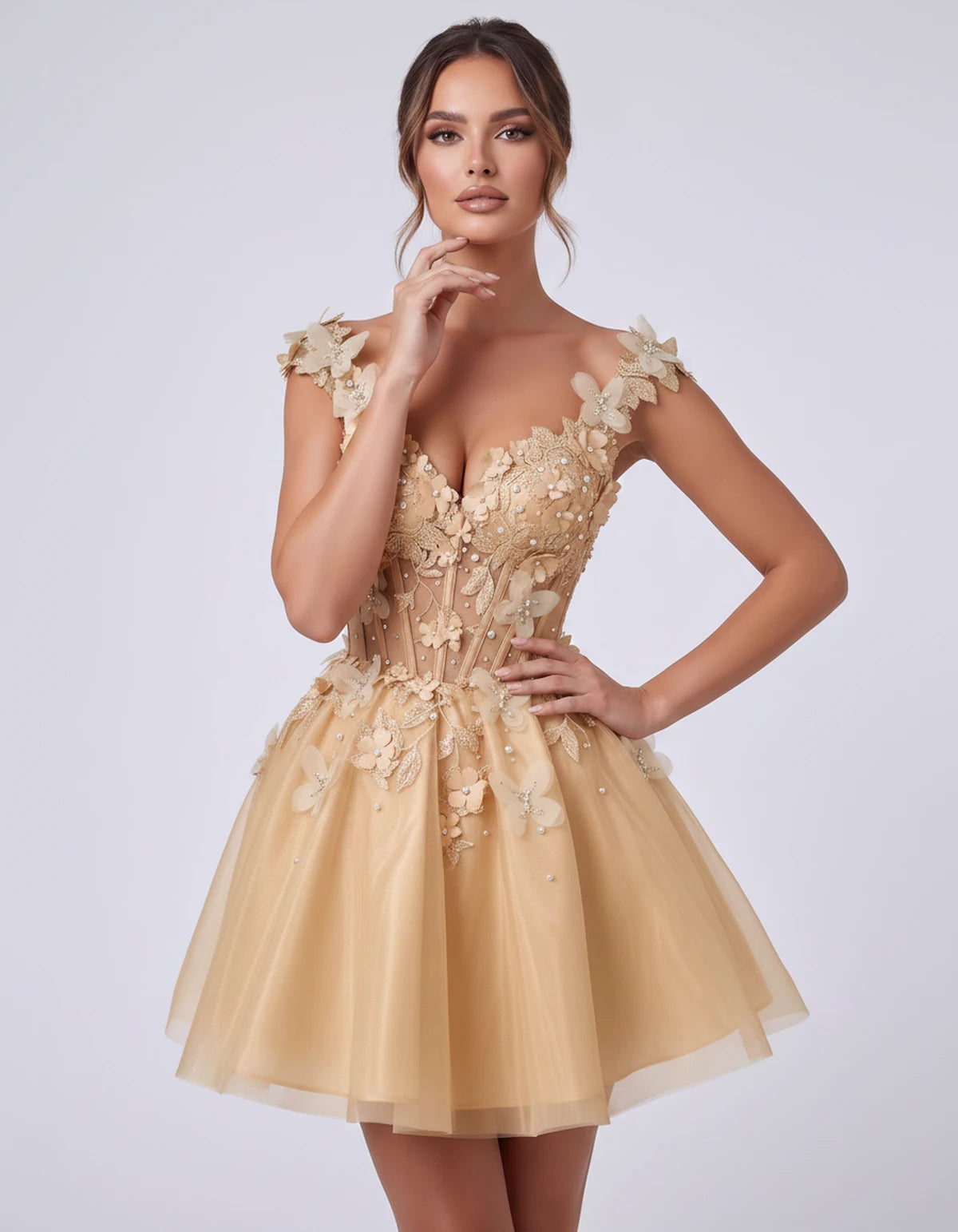 Emeraude Mini Dress — Champagne | SKU: RB-d76444-champa2e-2,RB-d76444-champa2e-4,RB-d76444-champa2e-6,RB-d76444-champa2e-8,RB-d76444-champa2e-10,RB-d76444-champa2e-12,RB-d76444-champa2e-14,RB-d76444-champa2e-14W,RB-d76444-champa2e-16,RB-d76444-champa2e-16W,RB-d76444-champa2e-18W,RB-d76444-champa2e-20W