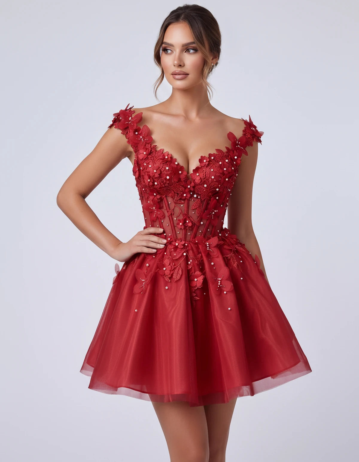 Emeraude Mini Dress — Red | SKU: RB-d76444-red-2,RB-d76444-red-4,RB-d76444-red-6,RB-d76444-red-8,RB-d76444-red-10,RB-d76444-red-12,RB-d76444-red-14,RB-d76444-red-14W,RB-d76444-red-16,RB-d76444-red-16W,RB-d76444-red-18W,RB-d76444-red-20W